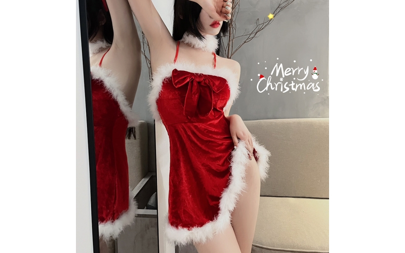 Christmas Lingerie for Women Santa Babydoll Halter Neck Velvet Lingerie Mrs Claus Outfit S-XXL